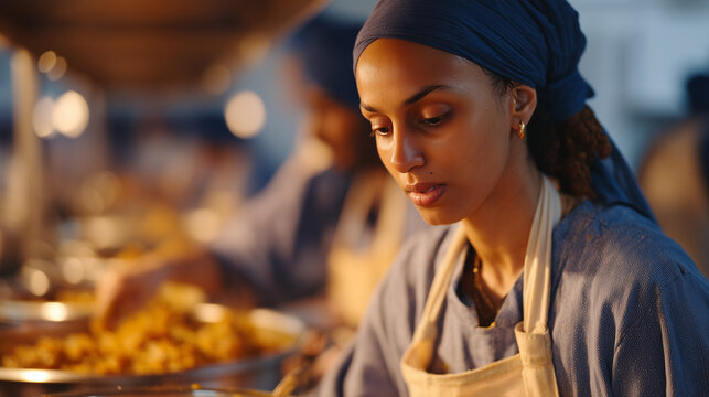 Sikh gurdwara volunteer kitchen with community members preparing langar meal together, large pots of vegetarian food, wearing head coverings and aprons in organized service, ideal for equality and g