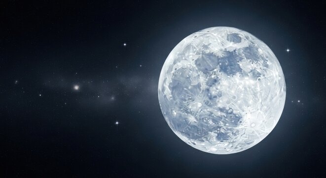 The Silvery Full Moon With Its Subtle Textures and Contours Amidst Distant Stars