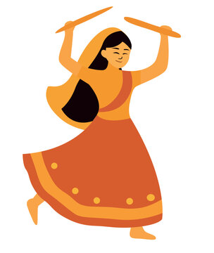 Karva Chauth traditional Indian woman dancing with sticks dandiya, festive cultural performance in flat style.
