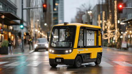 Obraz premium Mixed race quality assurance team inspects autonomous delivery vehicle navigation systems in rain soaked urban test environment, vibrant traffic signals visible, perfect for logistics technology key