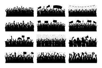Obraz premium Silhouetted diverse crowds celebrating and protesting in various poses.