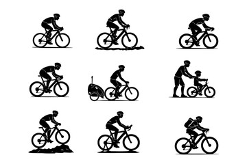 Naklejka premium Silhouettes of cyclists and family bike rides in various poses.