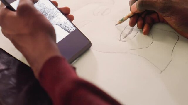 Artist sketching black painting from phone, closeup of hands tracing portrait outline on paper while consulting smartphone image, pencil strokes, subtle studio light, focused creative process, minimal