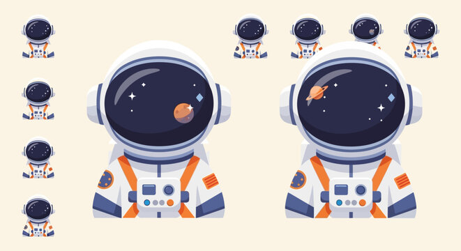 Astronauts wear spacesuits with planet views in helmets on a beige background with surrounding helmets.
