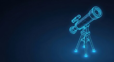 Naklejka premium A futuristic wireframe telescope on a tripod, glowing with blue light against a dark cosmos background, symbolizing exploration and discovery.