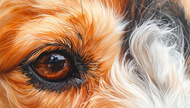 Close up of a dogs eye showcasing fur detail and brown iris