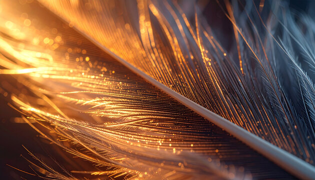 Close up of a feather showing intricate details with glowing light