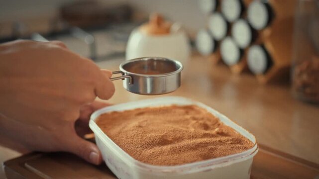 In cozy home kitchen, housewife prepares decadent homemade tiramisu cake. She sprinkles it generously grated cocoa powder finishes decorating dessert with love, revealing perfect Italian sweet treat