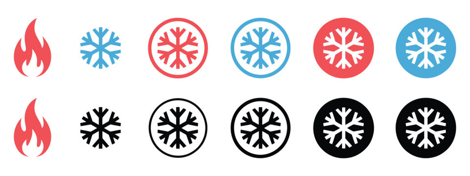 Diverse temperature and weather icons, flame and snowflake symbols in red, blue, black, scalable vector collection with solid and outline styles, suitable for heating, cooling, thermostat displays, 