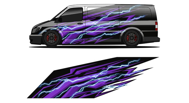 Graphic wrap design for black van with purple and blue neon flame decals and matching vinyl sticker graphics.