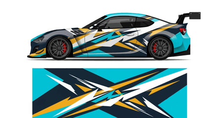 Obraz premium Vibrant abstract race car with blue, yellow and black graphics showcasing dynamic design.