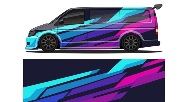 Colorful wrapped van design with bold blue, magenta, and purple stripes across the side panel.