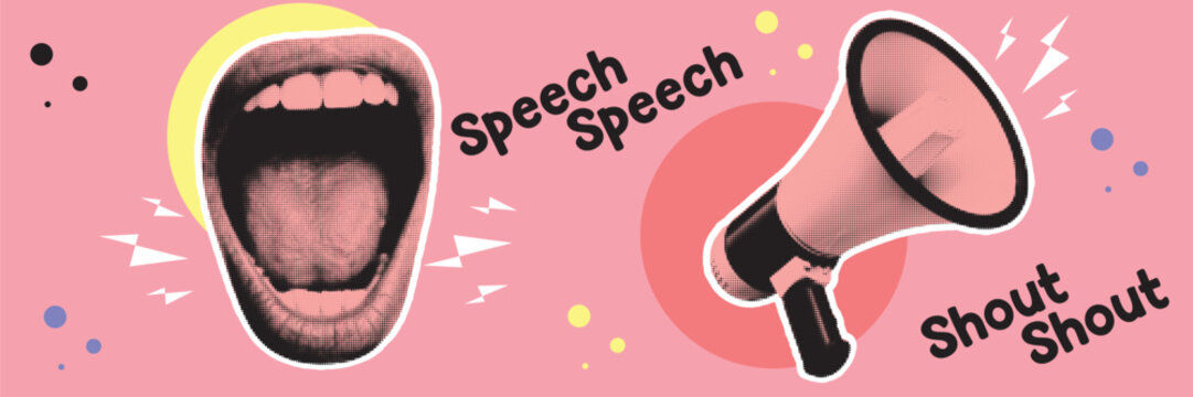 Halftone pop art dot open mouth tongue megaphone speech shout voice communication announcement concept vector illustration