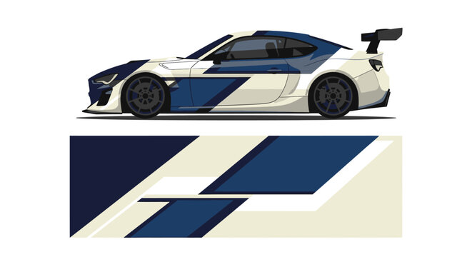 Side profile of a white race car with blue racing stripes and wing spoiler.
