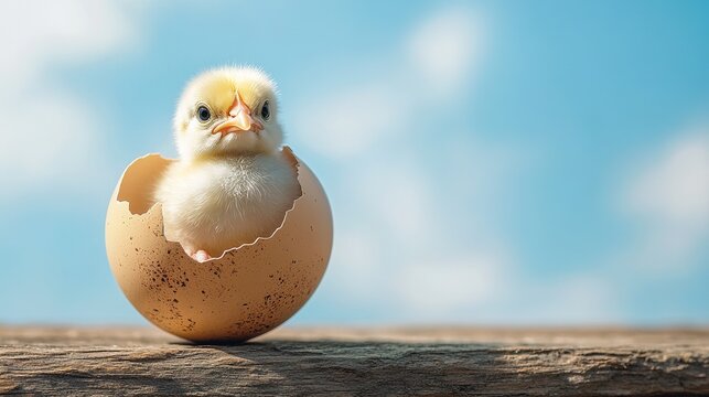 cute baby chick hatching from an egg on a wooden surface, with a blue sky background and ample copy space.