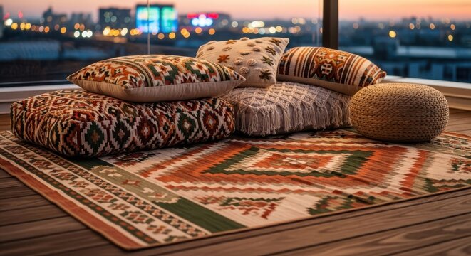 Earthy toned geometric patterned outdoor rug and decorative pillows in a cozy setting
