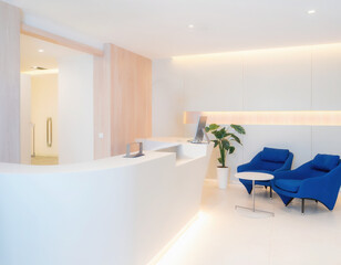 Fototapeta premium Reception area decor: A modern reception area. The space features a sleek white reception desk, complemented by comfortable blue chairs and a small table.