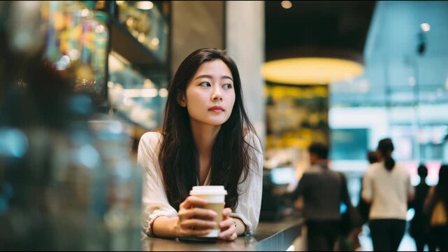 Pensive asian woman drinking take away coffee while waiting for someone in a modern cafe