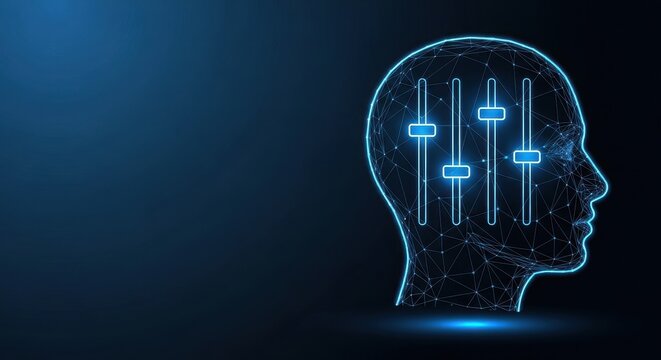 Abstract Futuristic Head Silhouette with Digital Sliders Representing Artificial Intelligence Control