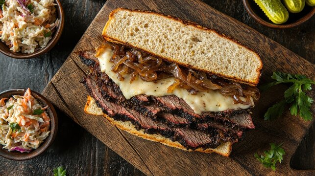 Premium brisket sandwich with smoked beef melted cheese caramelized onions on artisan bread wooden cutting board coleslaw pickles restaurant quality