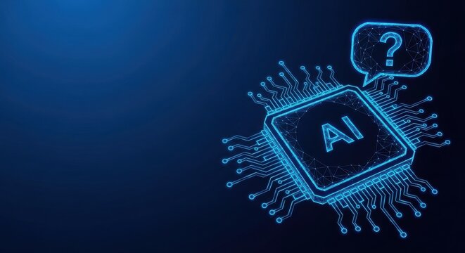 Abstract glowing artificial intelligence chip with intricate circuitry on a dark blue background