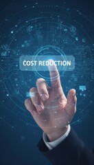 Obraz premium Businessmans hand pressing a digital cost reduction button on a virtual interface, symbolizing financial strategy, efficiency, expense optimization and data driven business growth