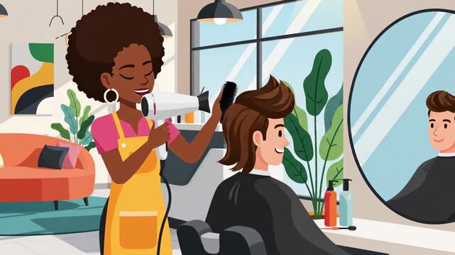 African american hairstylist styling a mans hair with brush and blow dryer in modern cartoon style salon setting