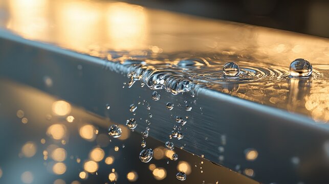 Water repulsion surface test hydrophobic coating demonstration droplets beading rolling off tilted surface macro photography professional lighting dynamic motion