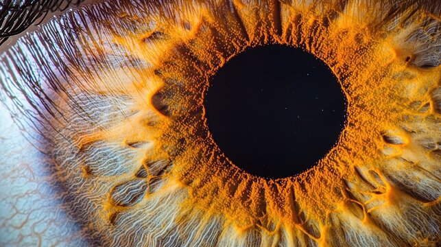 Iris texture mapping closeup detailed surface patterns natural amber color transitions pupil reflections professional macro photography medical documentation
