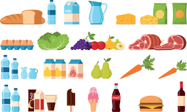 Food and beverage vector set with bread milk fruits vegetables cheese meat drinks ice cream and snacks illustration