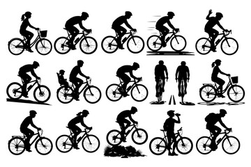 Obraz premium Silhouettes of people cycling: diverse poses and activities.