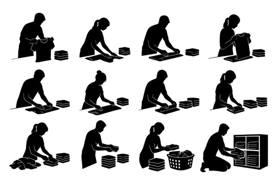 Silhouettes of people folding laundry in various poses.