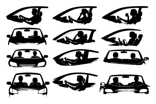 Black silhouettes of people driving in various car positions.