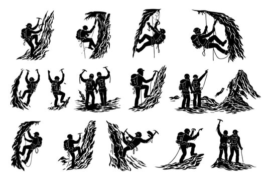 Climbers conquering rugged peaks with ice axes.