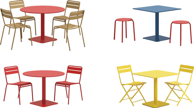 Outdoor cafe table and chair sets vector illustration, colorful patio furniture collection for restaurant terrace dining and modern seating design