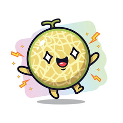 A cartoon cantaloupe with a smiling face and sparkles around it, depicted in a colorful digital illustration. Perfect for food branding, kids' content, and advertising materials.