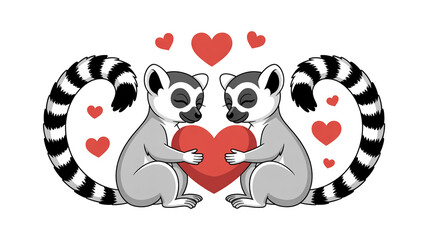 Fototapeta premium A digital illustration of two cute ring-tailed lemurs sitting side by side, forming a heart shape with their bodies.