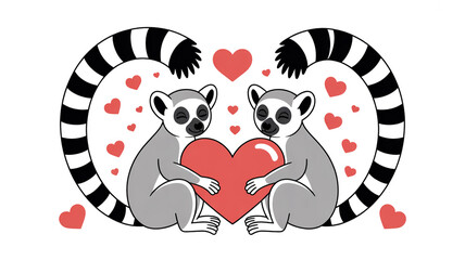 Fototapeta premium A digital illustration of two cute ring-tailed lemurs sitting side by side, forming a heart shape with their bodies.