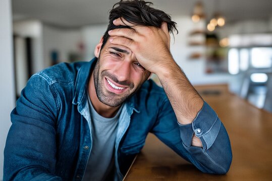 Exhausted man touching head with forced smile, burnout and fatigue after mistake at home