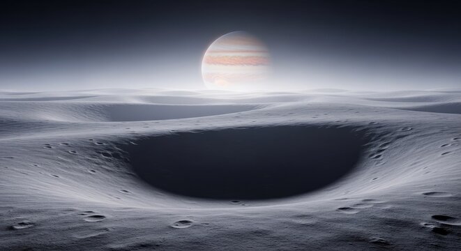 Jupiter looms large over a desolate, icy moonscape with craters and soft atmospheric haze.