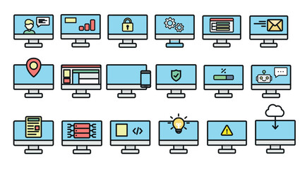 Fototapeta premium Desktop computer icon set with technology symbols in soft pastel colors for web and app UI. Minimalist vector illustration of 18 workstation screens featuring cloud computing, video call, server, loca