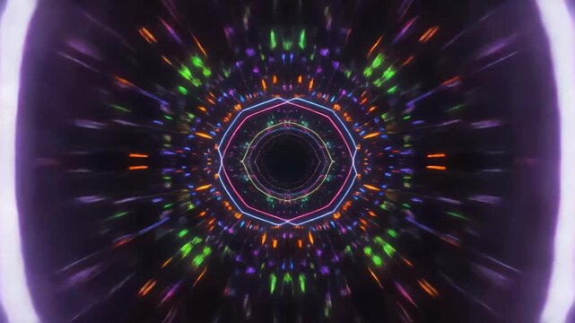 Abstract neon tunnel journey with vibrant psychedelic colors and geometric patterns , Psychedelic neon tunnel with geometric patterns, Futuristic digital energetic visual light experience.