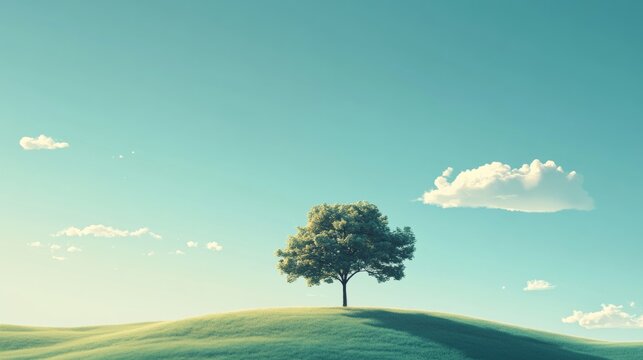 Single green tree standing on a grassy hill under a clear blue sky with a few fluffy clouds scattered in the background during a sunny day