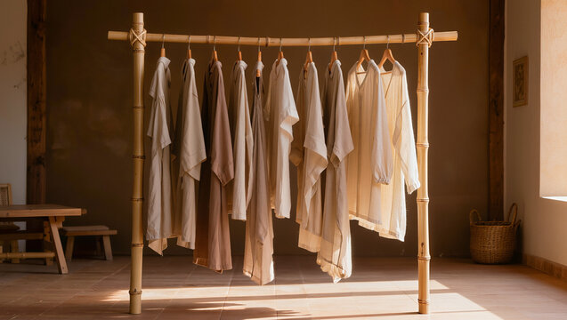 Eco-friendly bamboo rack with sustainable linen clothing in natural earthy tones