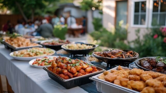 Multicultural neighborhood potluck gathering featuring diverse traditional dishes arranged on shared outdoor tables, festive atmosphere celebrating culinary diversity and community bonds, perfect