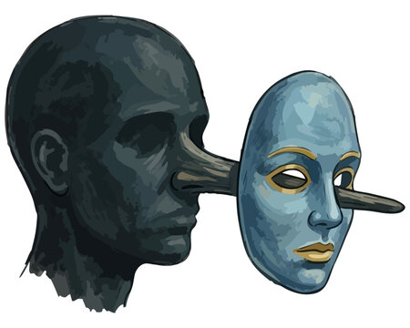 Surreal illustration of man with long nose poking through mask. Conceptual art of lying, deception featuring Pinocchio-style nose, facade mask. Double face metaphor showing false mask