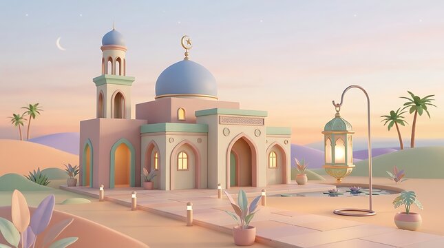 Cartoon mosque illustration with blue dome lanterns and palm trees