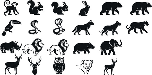 Naklejka premium Wild Animal Silhouettes Set Lion Bear Elephant Snake Deer Collection