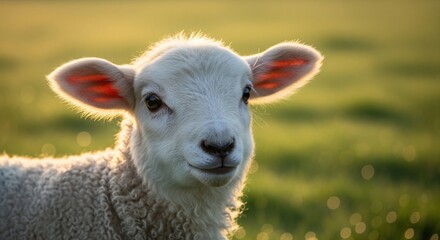 Obraz premium Close-up Portrait of a Charming White Baby Lamb Bathed in Golden Evening Sunlight in a Green Meadow