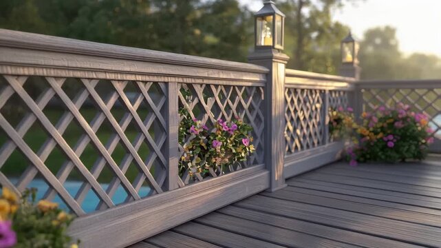 Elegant wooden deck railing with blooming flowers and soft sunset light , Sunny terrace with cozy floral decor and greenery, Tranquil residential exterior design elegance and summer charm.